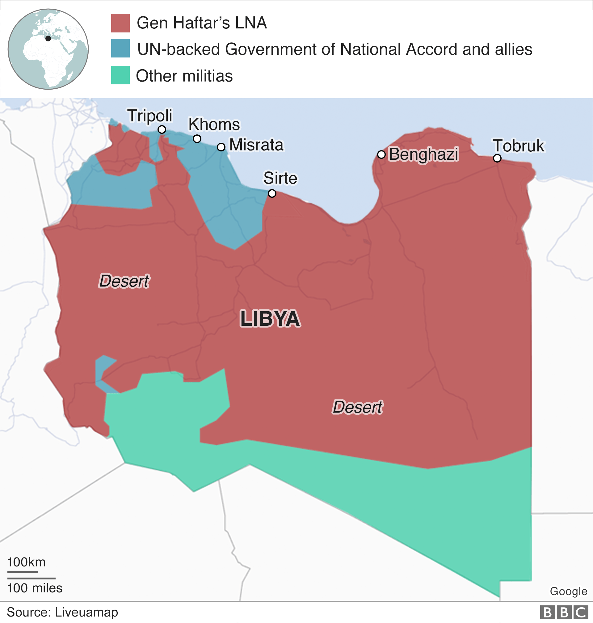 Карта показывает, кто контролирует различные части Ливии