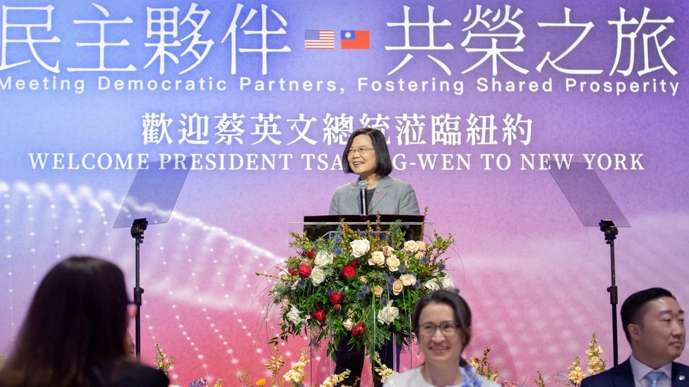 Taiwan"s President Tsai Ing-wen speaks during an event with members of the Taiwanese community, in New York, U.S., in this handout picture released March 30, 2023. Taiwan Presidential Office/Handout via REUTERS