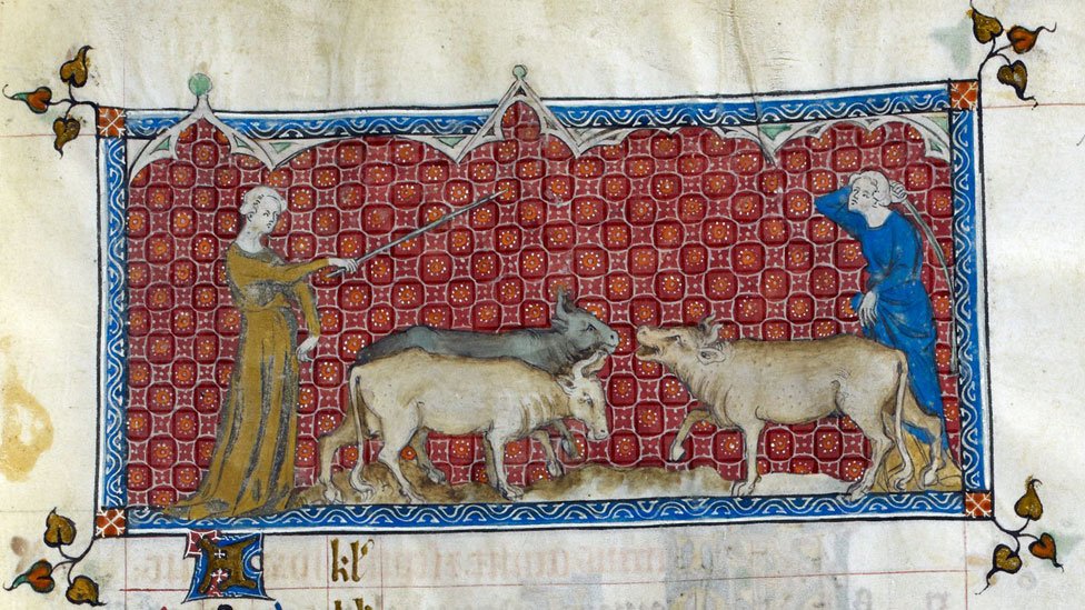 ¿Con cuántos bueyes empezó cada hombre antes de que el primero le pidiera 2 al segundo para que tuvieran la misma cantidad, y de que el segundo le pidiera dos al primero, para tener el doble? (Cortesía de la Biblioteca Británica) Hombres con bueyes