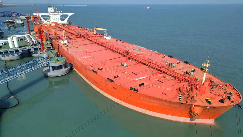 Aerial view of crude oil tanker 'VIEIRA' unloading oil at the 300,000 tonne crude oil terminal of Yantai Port on 19 October 2022