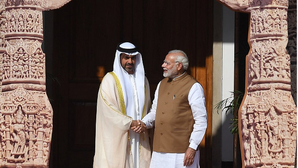 Indian Prime Minister Narendra Modi (R) welcomes Sheikh Hamed Bin Zayed Al Nahyan, Chairman of the Crown Prince Court of Abu Dhabi, to the founding conference of the International Solar Alliance in New Delhi on March 11, 2018.