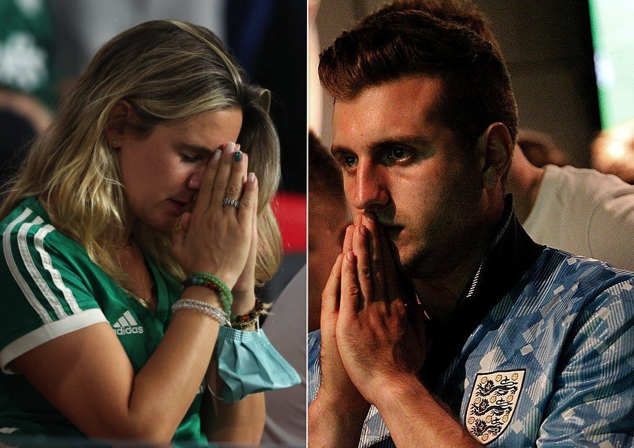 مشجع إنجليزي (2014)، ومشجعة برازيلية (2021) يصليان لفريقيهما المفضلين