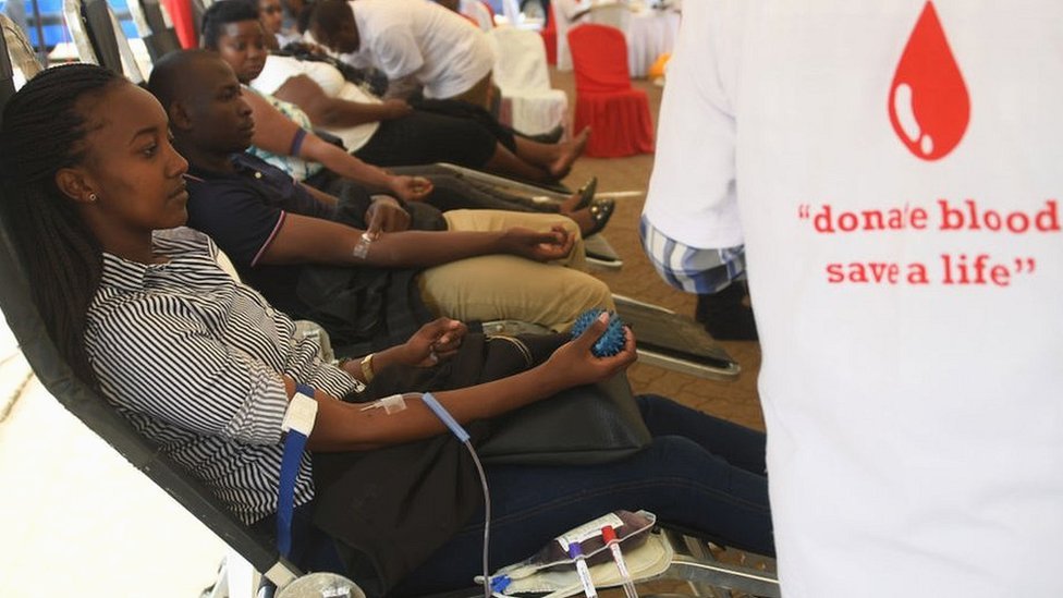 Волонтеры в Национальной службе переливания крови Кении (KNBTS) во время недельной кампании по переливанию крови в Кении в Найроби, 11 сентября 2019 г.