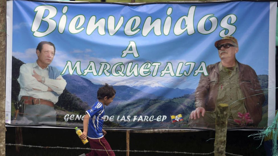 Cartel de las FARC en Marquetalia.