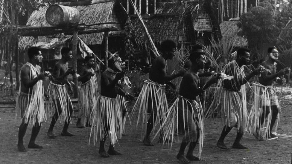 Inhabitants of the Trobriand Islands, Papua New Guinea, in a ritual dance