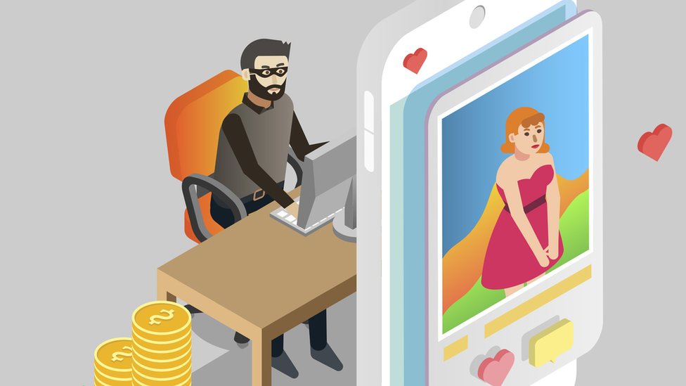 Ilustración de un estafador sentado al ordenador haciéndose pasar por una mujer en una red social