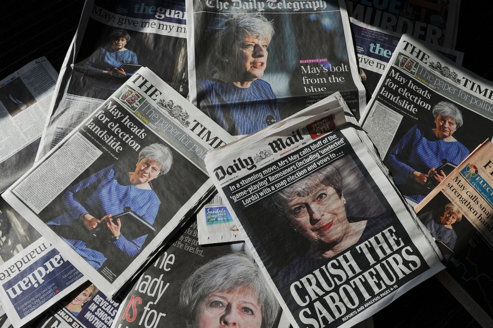 Newspaper front covers featuring coverage of May's 2017 snap election