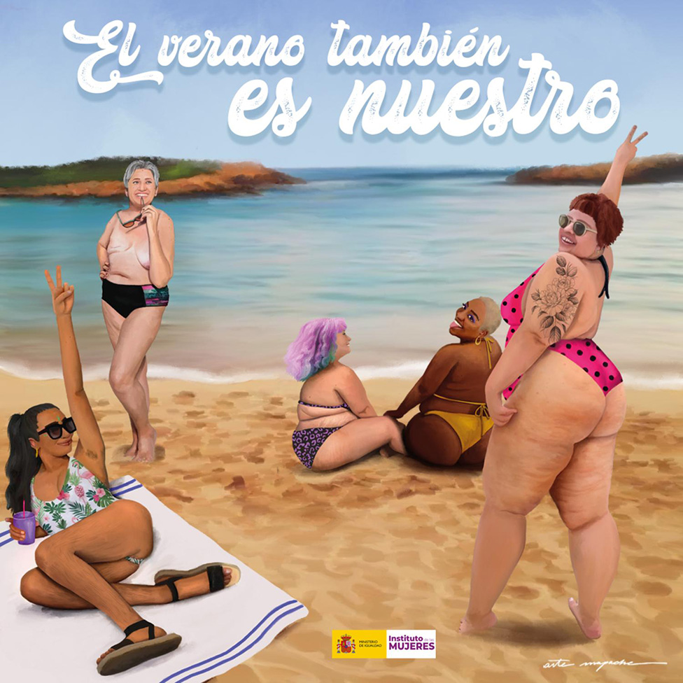 Ilustração de mulheres na praia, com dizeres em espanhol: O verão também é nosso