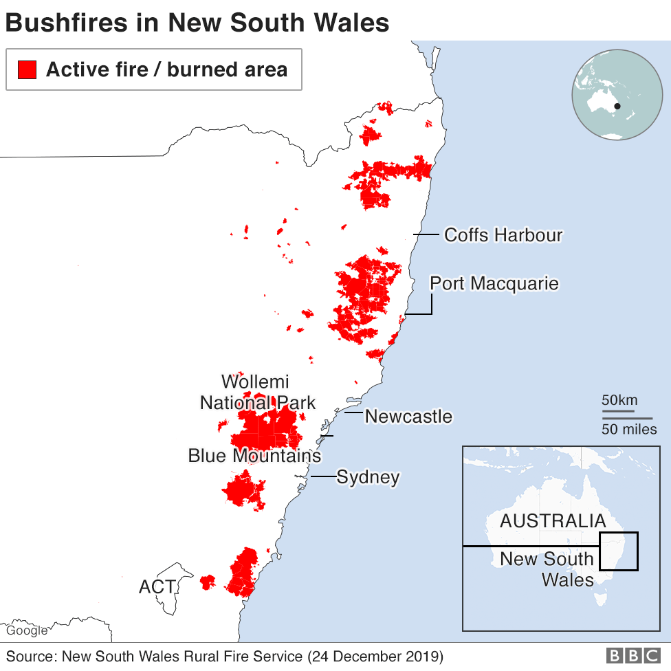 Карта: Активные пожары в Новом Южном Уэльсе, 24 декабря