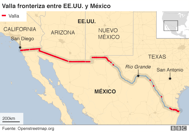 Mapa de la frontera entre EE.UU. y México