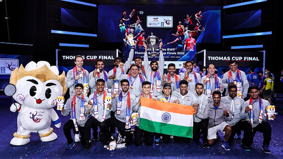 Team India pose with their medals on the podium during day eight of the BWF Thomas and Uber Cup Finals at Impact Arena on May 15, 2022 in Bangkok, Thailand