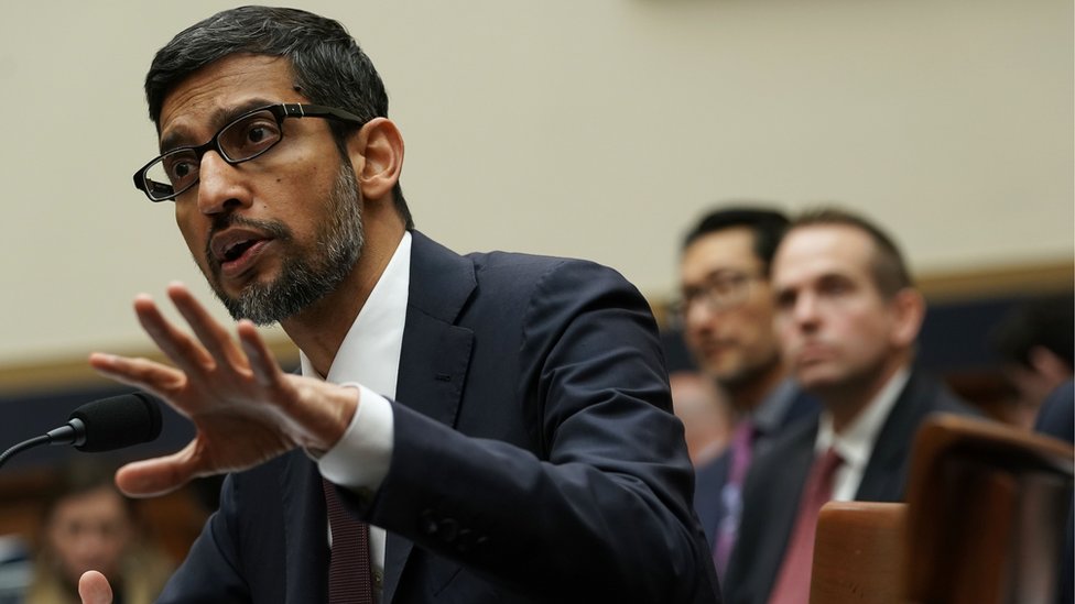 Alphabet boss Sundar Pichai at a 2018 hearing in Washington. In July, he assured Congress, "We conduct ourselves to the highest standard".