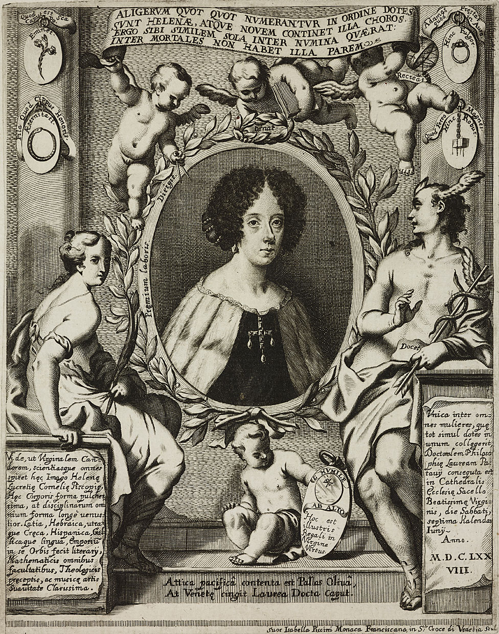 Retrato de Elena Lucrezia Cornaro Piscopia (1646-1684), erudita italiana, grabado de Isabella Piccini, de La Conchiglia celeste (La concha celestial), de Giovanni Battista Fabri, 1690, Venecia. Retrato de Elena Lucrezia Cornaro Piscopia (1646-1684), erudita italiana, grabado de Isabella Piccini, de La Conchiglia celeste (La concha celestial), de Giovanni Battista Fabri, 1690, Venecia.