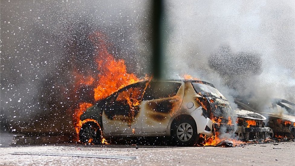 A burning car in Ashkelon