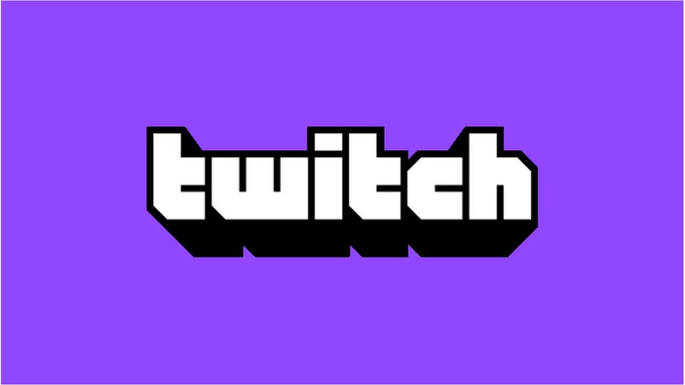 The twitch logo with a purple background, with the word Twitch in white with a black border.