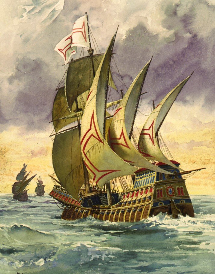 Pintura da nau de Vasco da Gama, feita no século 19 por Ernesto Casanova