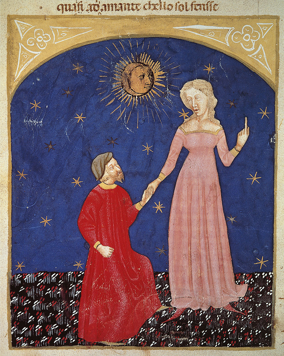 Beatrice guiando a Dante en escena del Paraíso de la Divina Comedia, de Dante Alighieri (1265-1321), miniatura veneciana, siglo XIV.