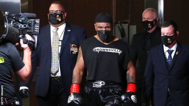 Tyson last fought in 2005 and looked focused as he walked to the ring for his highly-anticipated return