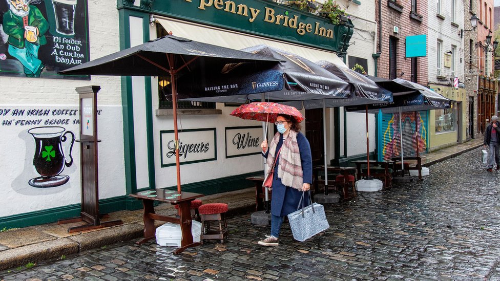 A pedestrian wearing a face mask walks past a pub in Dublin