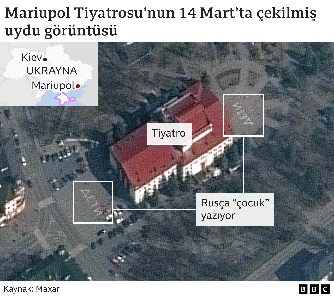 Mariupol tiyatrosunun bombardıman öncesi uydu görüntüsü