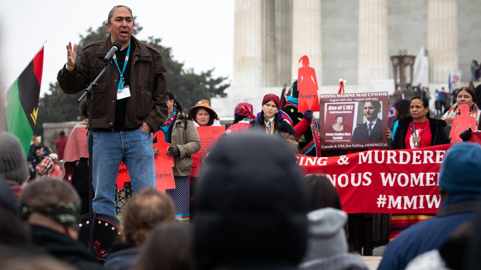 Mark Charles speaks at an indigenous people's march in Washington DC