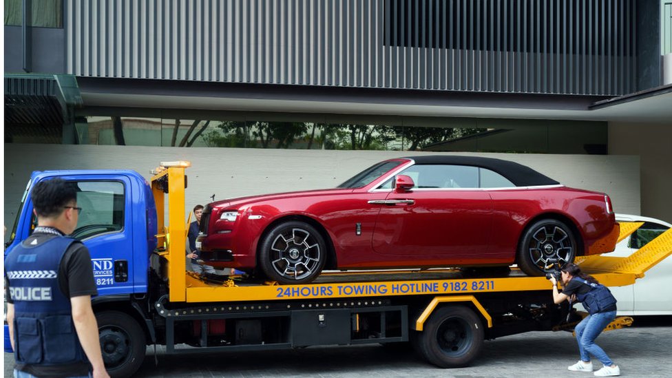A Rolls-Royce Dawn vehicle seized by police at a residence of Su Jiafeng, one of the suspects in the S$2.8 billion money-laundering case, in Singapore, on Wednesday, Oct. 25, 2023.