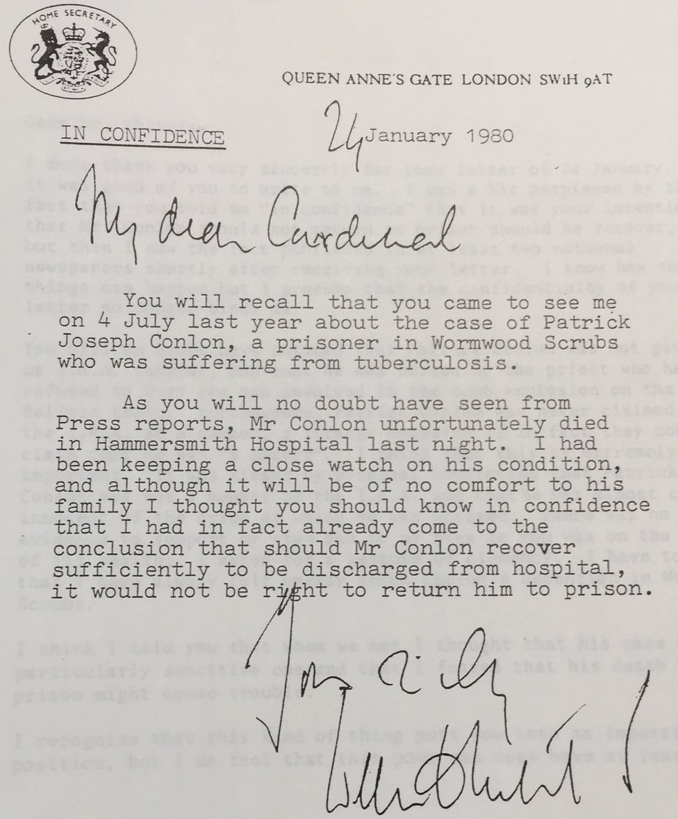 Письмо Уильяма Уайтлоу кардиналу Бэзилу Хьюму от 24 января 1980 г.