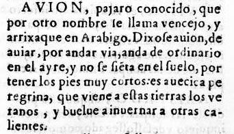 Definición de avión en el diccionario de 1611 del Nuevo tesoro lexicográfico de la lengua española (NTLLE)