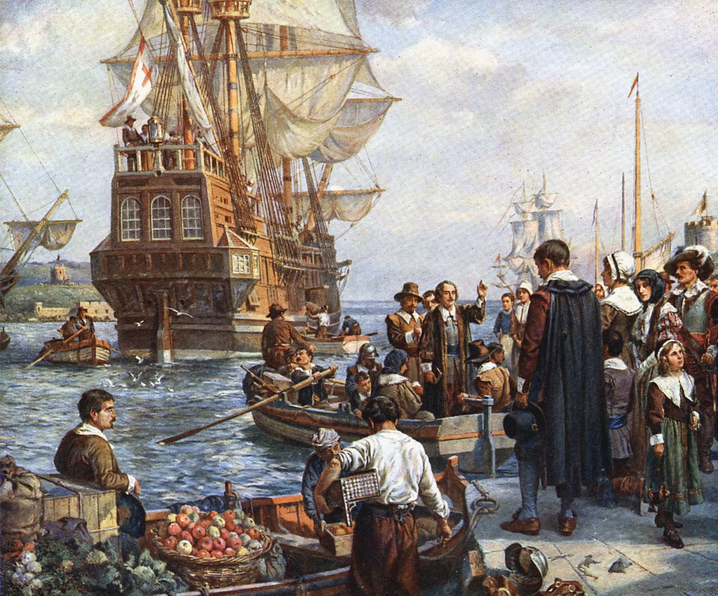 Padres peregrinos que abordan el Mayflower para su viaje a América. Bernard Gribble