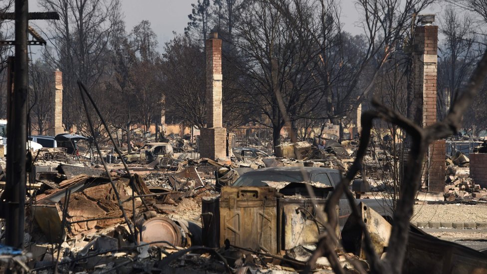 В разрушенном пожаром районе Коффи-парк в Санта-Роза, штат Калифорния, остались только дымоходы. 12 октября 2017 г.