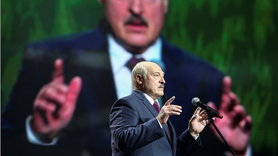 Belarusian President Alexander Lukashenko addresses a crowd