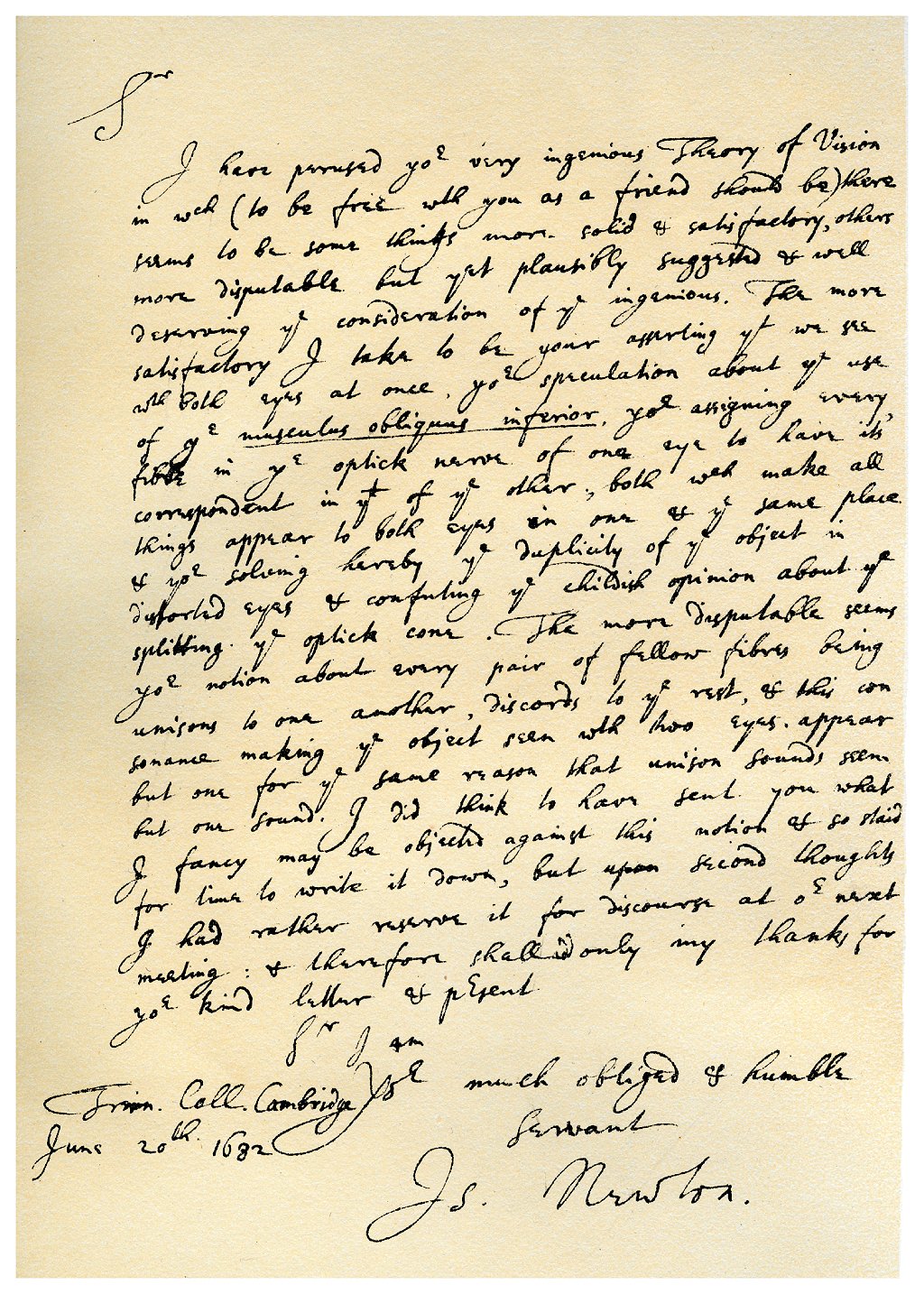 Carta de Issac Newton a William Briggs, de 1682, elogiando su Nueva teoría de la visión pero discrepando de algunas de sus conclusiones.