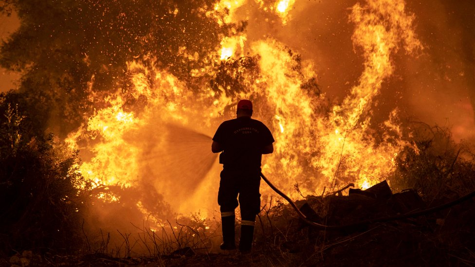 Un bombero intenta extinguir un incendio forestal en la aldea de Pefki, en la isla de Evia, Grecia