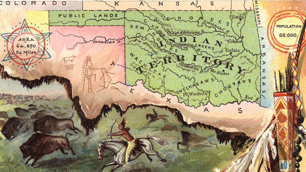 Eski bir harita, Oklahoma Eyaleti'nin 1907'de kurulmasıyla birlikte ortadan kalkan Amerikan yerlisi topraklarını gösteriyor.