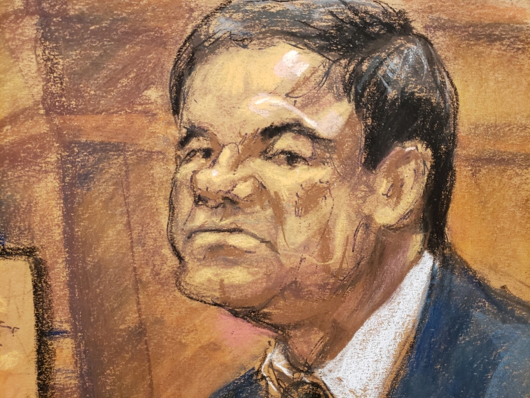 Dibujo de una audiencia durante el juicio contra "El Chapo" Guzmán.