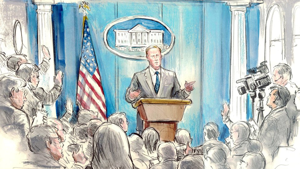 Набросок Шона Спайсера, сделанный Биллом Хеннесси на пресс-конференции в Белом доме