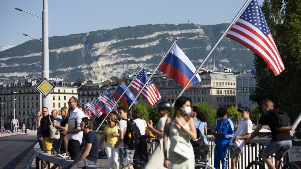 Flags of the US and Russia wave on the Mont Blanc bridge, a day prior to the US-Russia summit in Geneva, Switzerland, 15 June 2021.