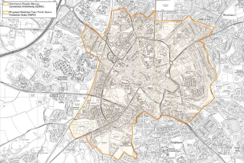 Карта, показывающая территорию, на которую распространяется действие предлагаемого постановления об охране общественных мест для Рексхэма