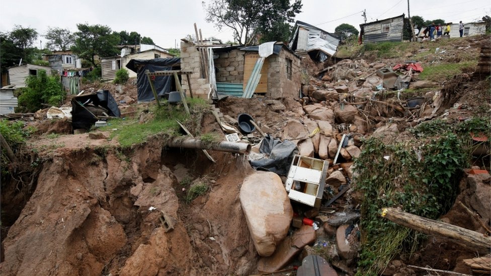 The remains of a home which was destroyed leaving two children dead after flooding are seen in Lindelani, Durban, South Africa, April 15, 2022