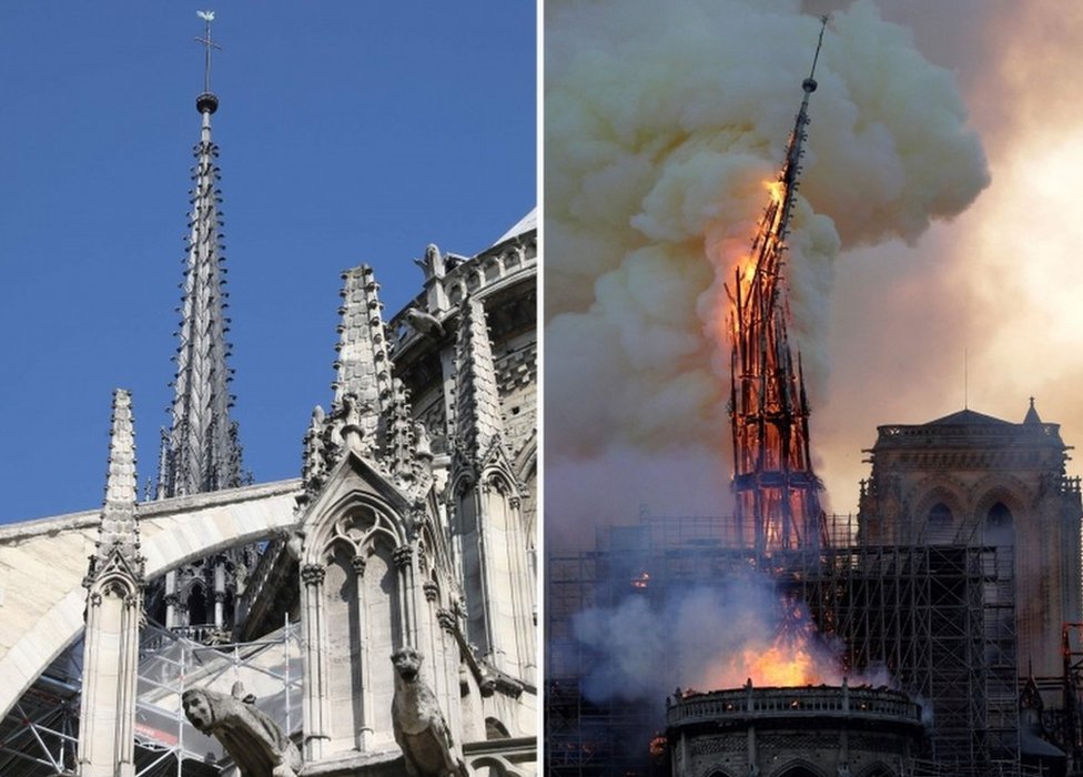 Levo je fotografija tornja od prošle godine, a desno je detalj požara koji ga je progutao