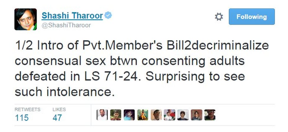 Shashi Tharoor India Mps Bill To Decriminalise Gay Sex Rejected Bbc 7448