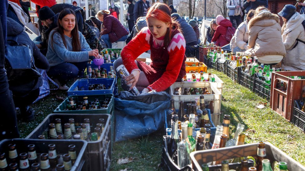 Local residents make Molotov cocktails, Uzhhorod, Zakarpattia Region, western Ukraine, February 2022