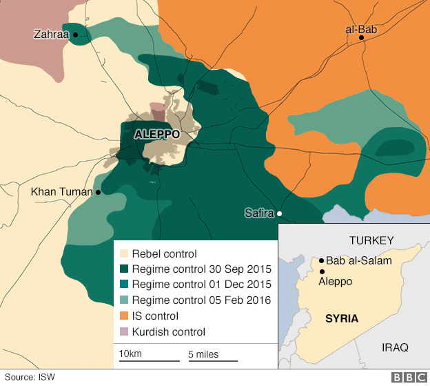 Карта, показывающая, как сирийские правительственные войска постепенно окружили Алеппо