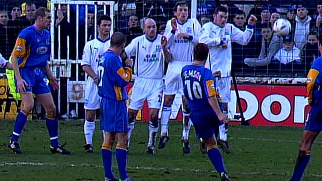 Wayne Rooney is part of the wall as Nigel Jemson scores a free-kick for Shrewsbury against Everton in the FA Cup in 2003