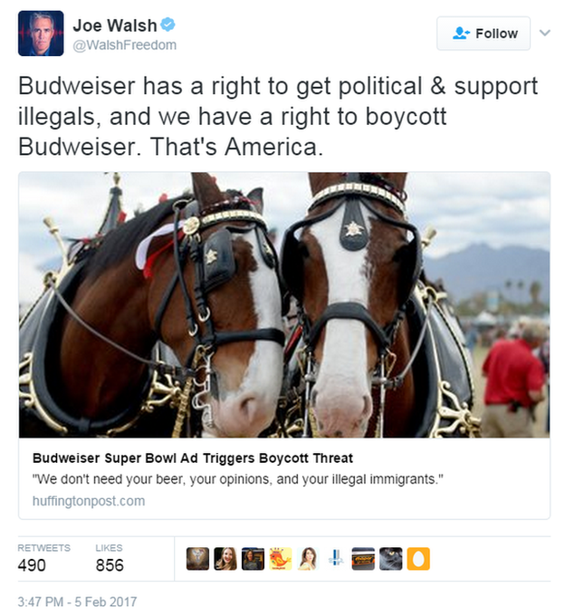 Твиттер Джо Уолша, Budweiser имеет право заниматься политикой и поддерживать нелегалов, а мы имеем право бойкотировать Budweiser. Это Америка