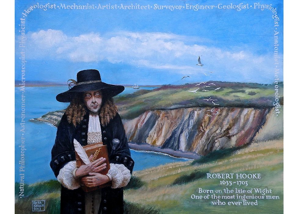 En la parte inferior de la derecha dice: "Robert Hooke 1635-1703 Nacido en la isla de Wight. Uno de los hombres más ingeniosos que haya vivido jamás" Retrato moderno de Robert Hooke