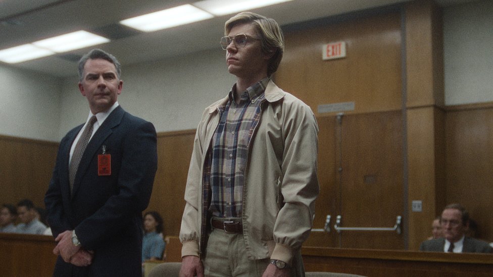 Dahmer in court in the Netflix series.