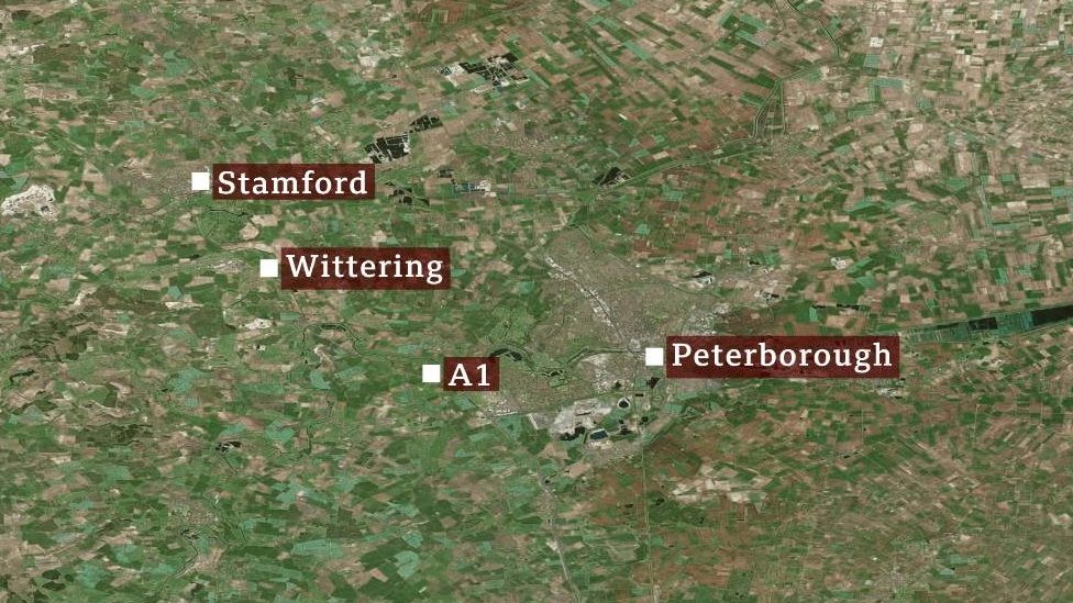 Карта с изображением Стэмфорда, Уиттеринга, Питерборо и A1