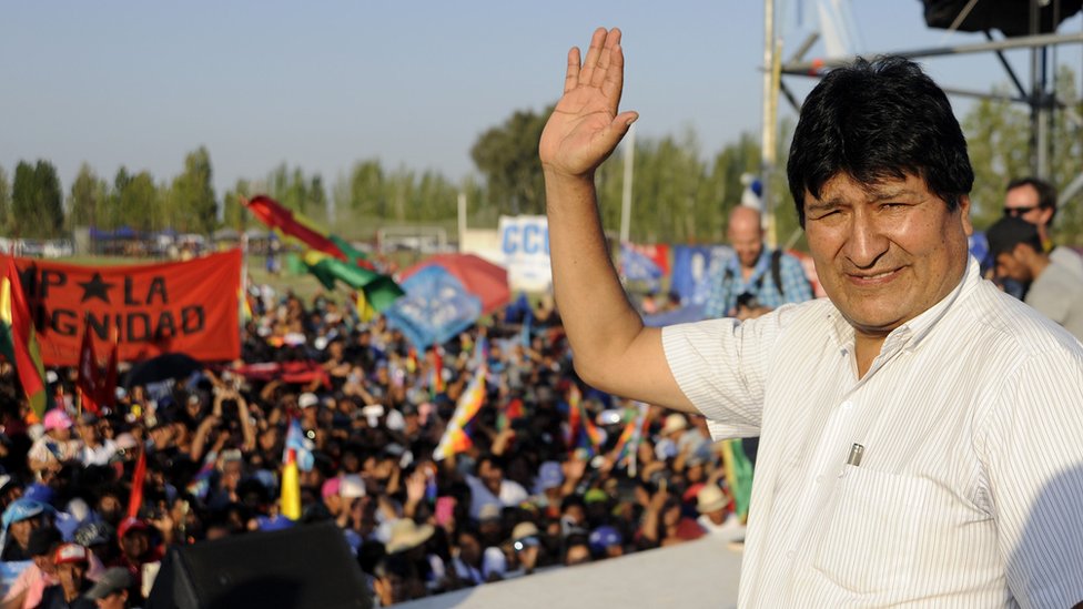 Former Bolivian President Evo Morales, exiled in Argentina, takes part in a meeting organized by the Bolivianos Unidos group in Mendoza, to support the presidential candidate of the Movement to Socialism (MAS) party, Luis Arce, in Mendoza, Argentina, on March 07, 2020.