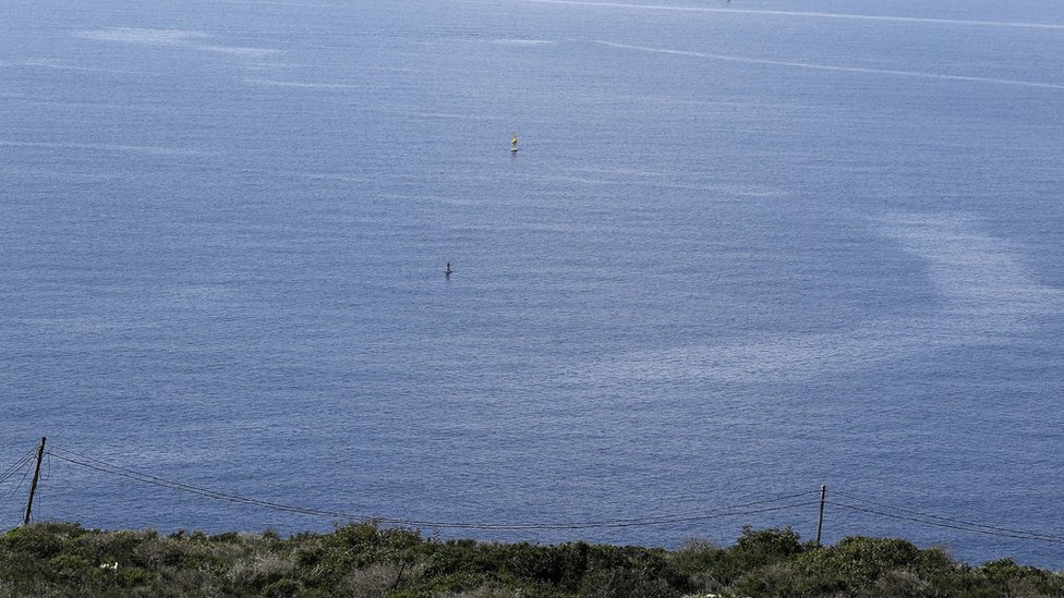 File photo taken 24 February 2018 from Lebanon's southern border town of Naqoura showing the disputed maritime boundaries between Lebanon and Israel